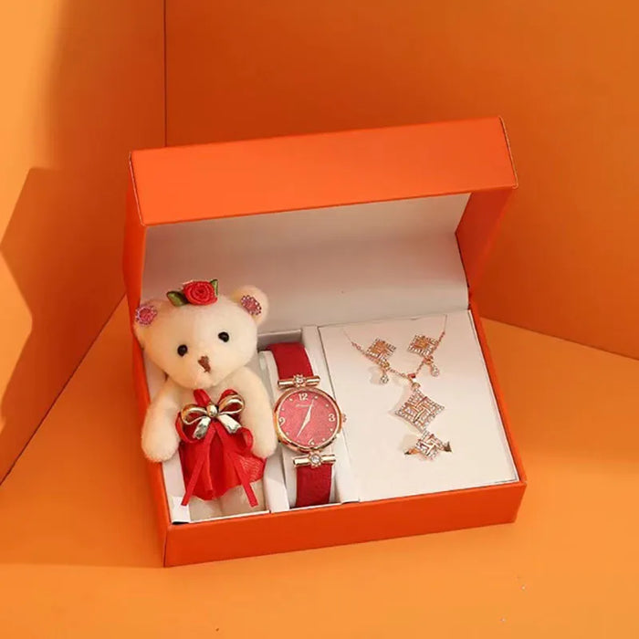 Womens Quartz Watch Diamond Necklace Earring Bear Puppet Set With Box