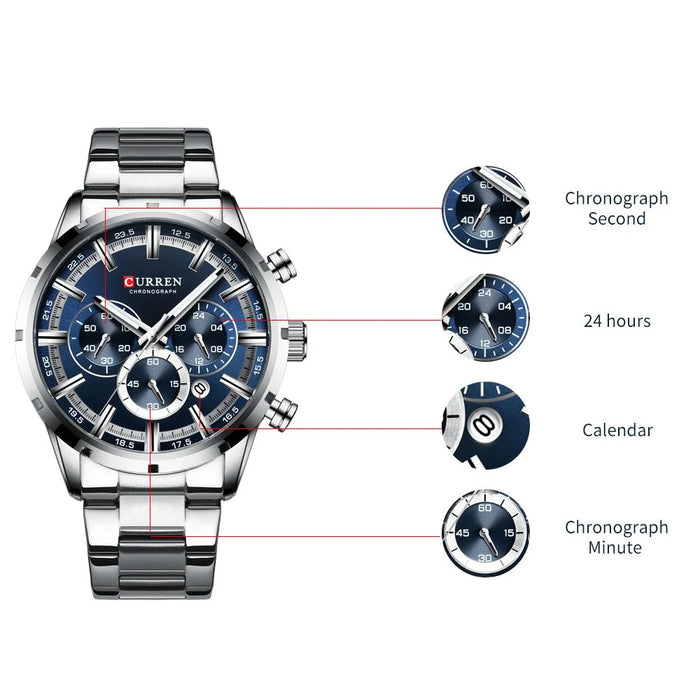 Stainless Steel Military Quartz Chronograph Wristwatch For Male