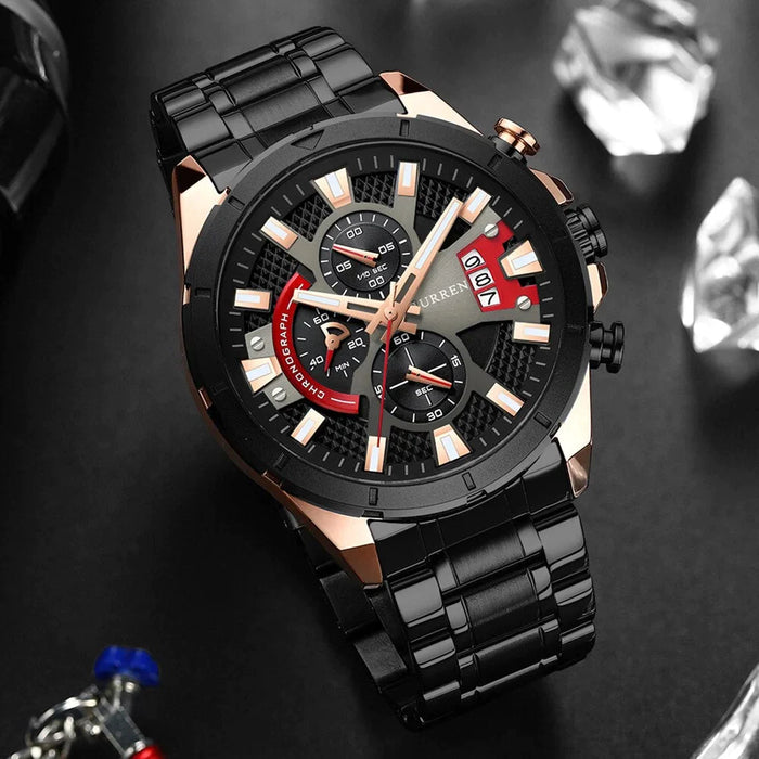 Fashion Wristwatches Mens Quartz Stainless Steel Band Casual Sport Chronograph Watches Black Luminous Clcok Male