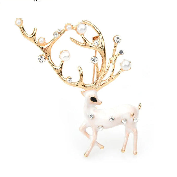 Red Brown Enamel Deer Brooch Alloy Pearl Elk Animal Pin