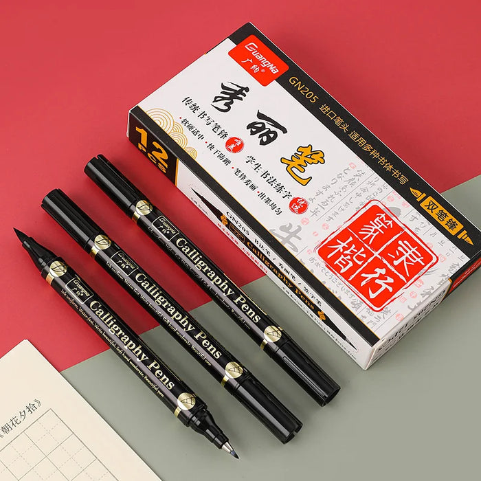 3 Piece Chinese Calligraphy Brush Pen Set For Beginners Double Head Black Ink 4 Sizes