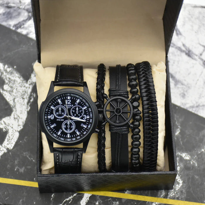 Mens Quartz Back Light Waterproof Wirst Watch 3Pcs Set With Woven Bracelets