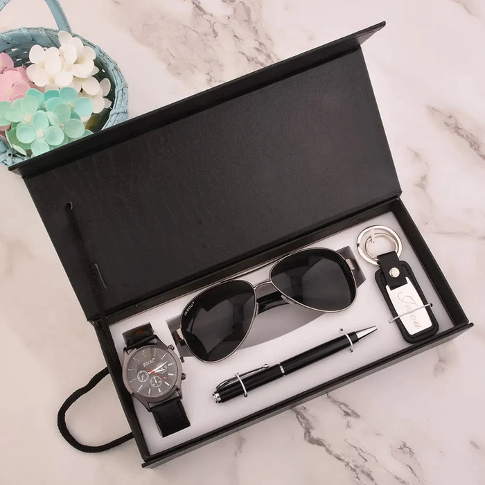 Mens Sunglasses Pen Keychain Quartz Wrist Watch Four-Piece Set With Box