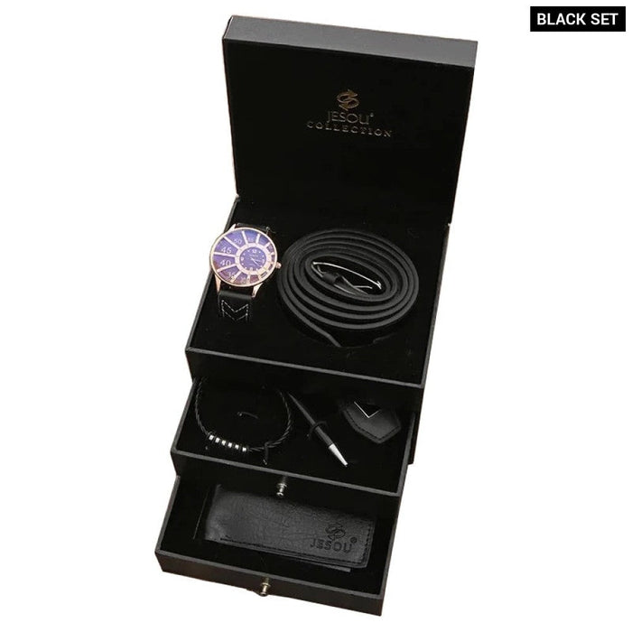 Mens Leather Wallet Belt Bracelet Keychain Ballpoint Pen Wrist Watch Set With Box