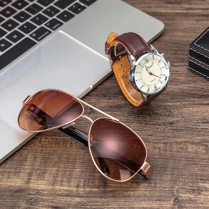Mens Leather Band Quartz Wrist Watch Set With Sunglasses
