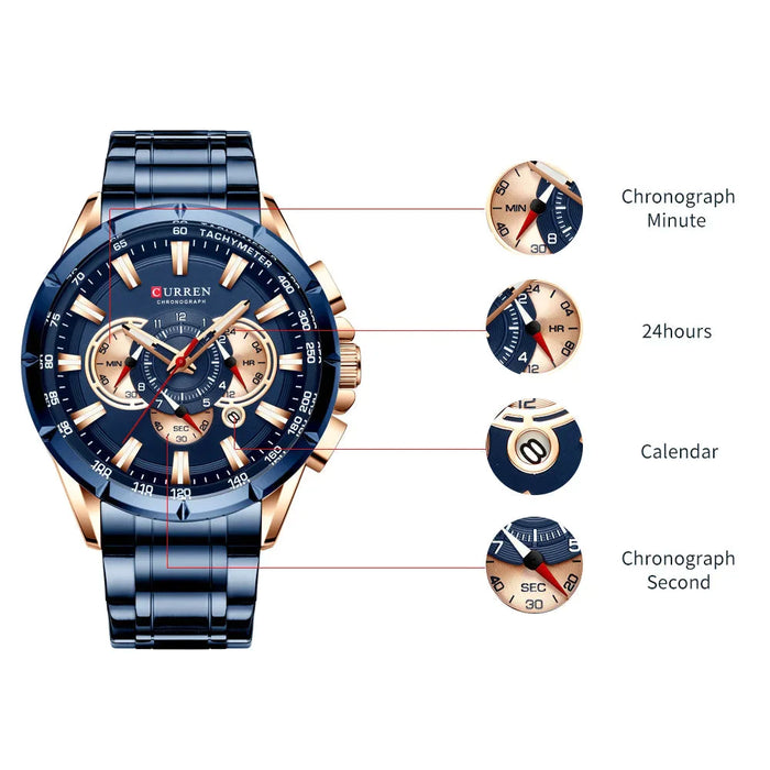 Stainless Steel Fashion Sport Chronograph Quartz Wristwatch For Men