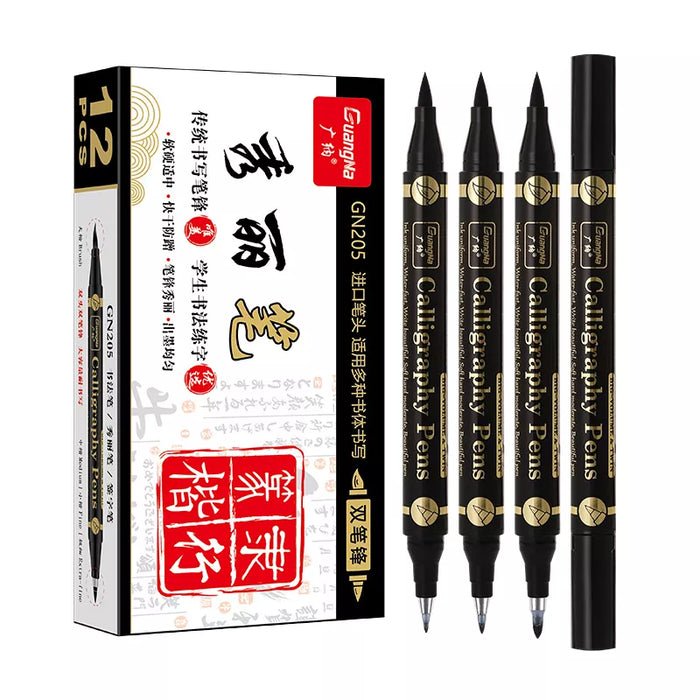 3 Piece Chinese Calligraphy Brush Pen Set For Beginners Double Head Black Ink 4 Sizes