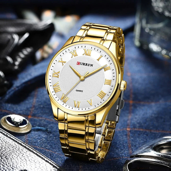 Stainless Steel Band Casual Quartz Wristwatches For Men Clock Gold Black