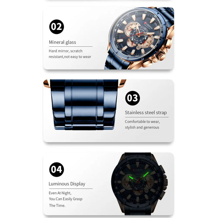 Casual Mens Watches Quartz Sports Chronograph Wristwatch Male Stainless Steel Luminous Hands Clock