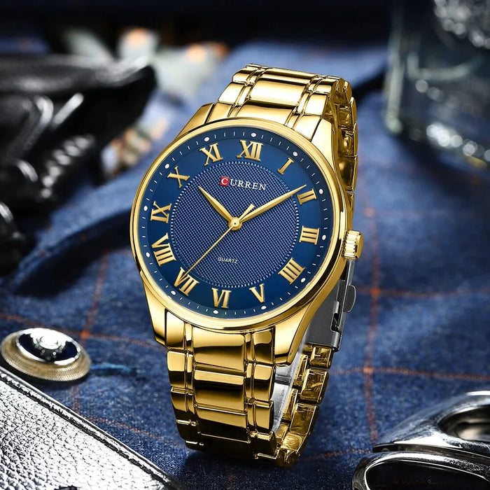 Stainless Steel Band Casual Quartz Wristwatches For Men Clock Gold Black