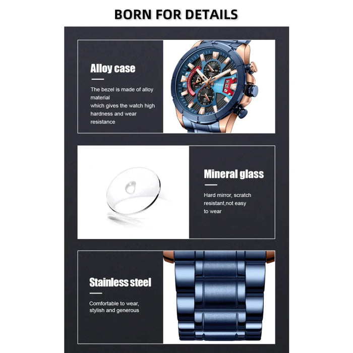 Male Casual Quartz Chronograph Watches Fashion Luminous Clock Stainless Steel Band Wristwatches For Men