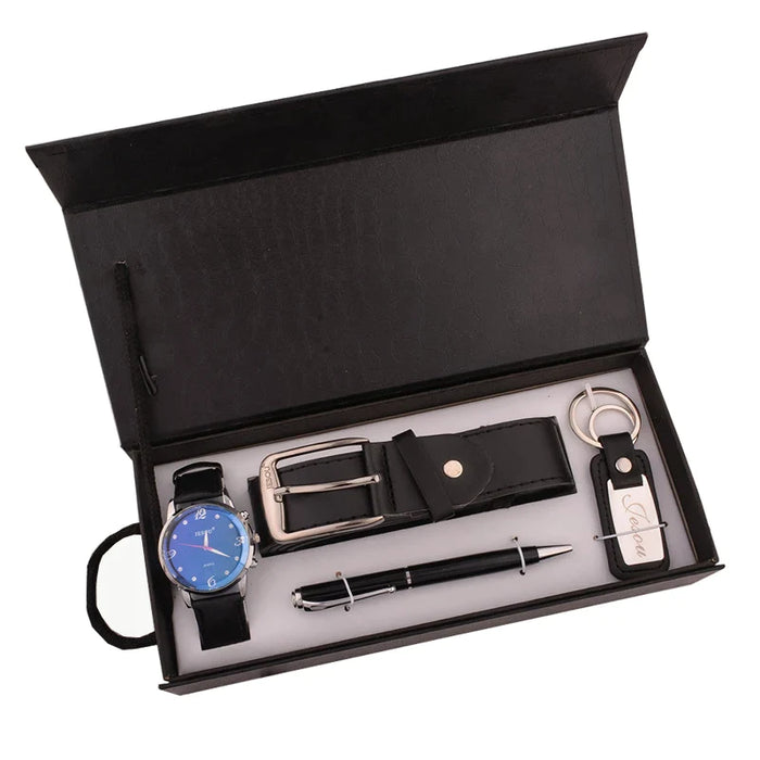 Mens Quartz Wrist Watch Belt Pen Keychain Set With Box