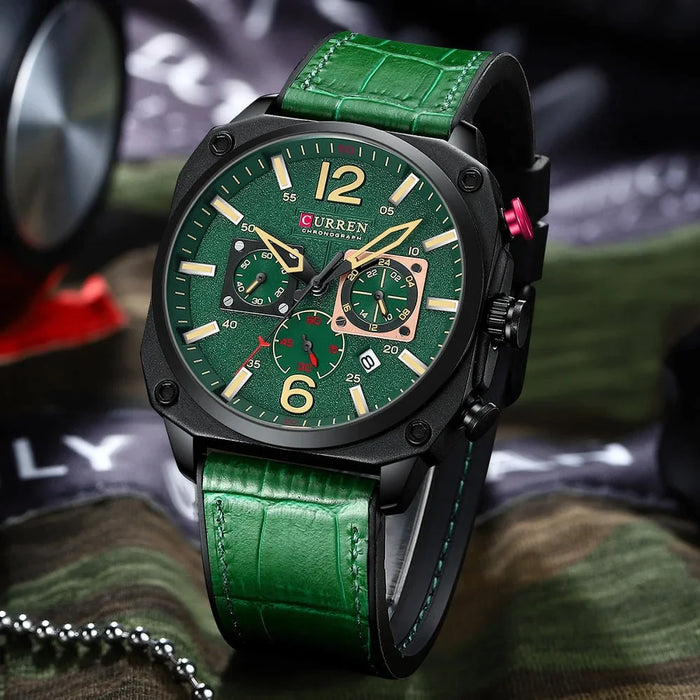 Brand Watches Business Men Chronograph And Date Wristwatches Green Male Clock With Luminous