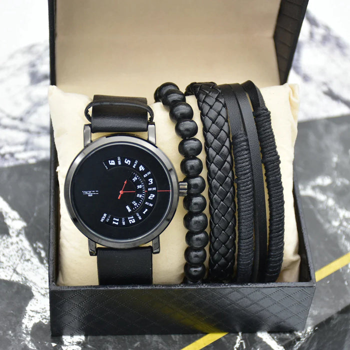 Mens Sports Waterproof Wrist Watch Set With Leather Braided Rope Bracelets