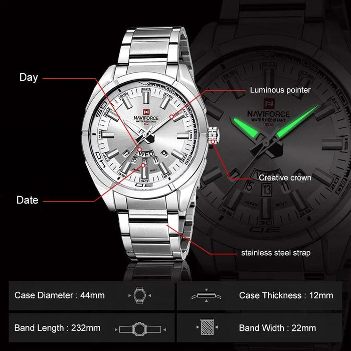 Men's Stainless Steel Band Analog Week Calendar Display Quartz 3ATM 30M Water Resistant Wristwatch