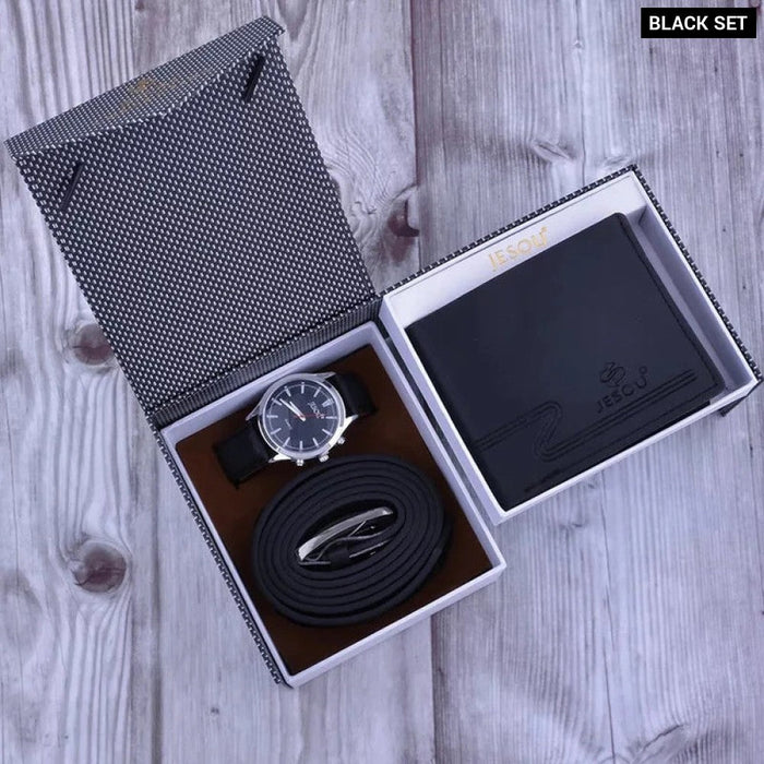 Mens Leather Wallet Belt Simple Quartz Wrist Watch Set With Box