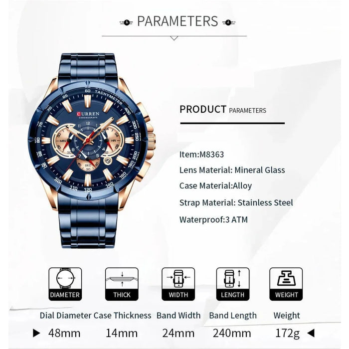 Casual Mens Watches Quartz Sports Chronograph Wristwatch Male Stainless Steel Luminous Hands Clock