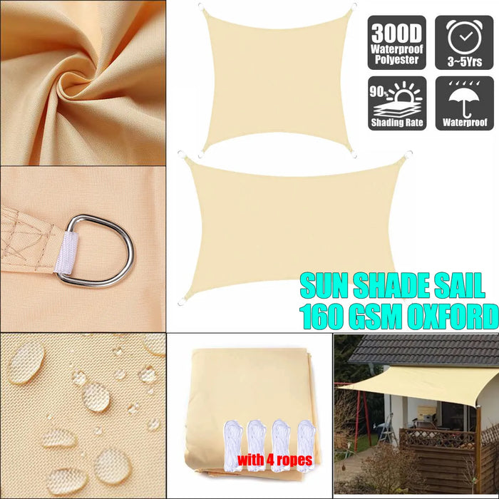 Beige 300D Waterproof Polyester Square Rectangle Shade Sail Garden Terrace Canopy Swimming Sun Shade