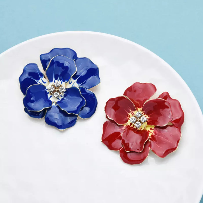 Enamel Flower Brooch Red And Blue Rhinestone Beauty Pin