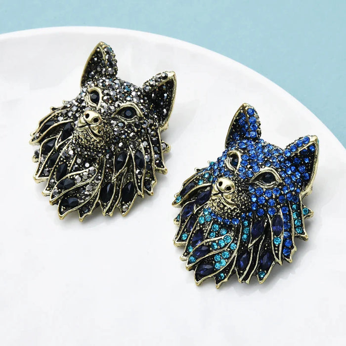 Wolf Brooch And Black And Blue Rhinestone Wolf Pin Unique Jewelry Gift