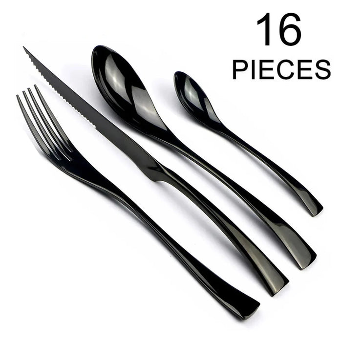 16 Piece Stainless Steel Black Cutlery Set For Kitchen Tableware