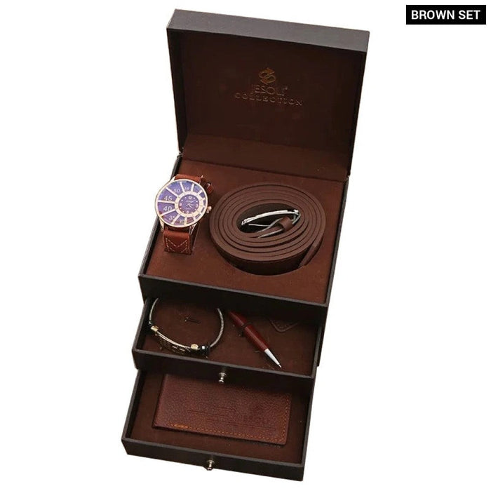 Mens Leather Wallet Belt Bracelet Keychain Ballpoint Pen Wrist Watch Set With Box