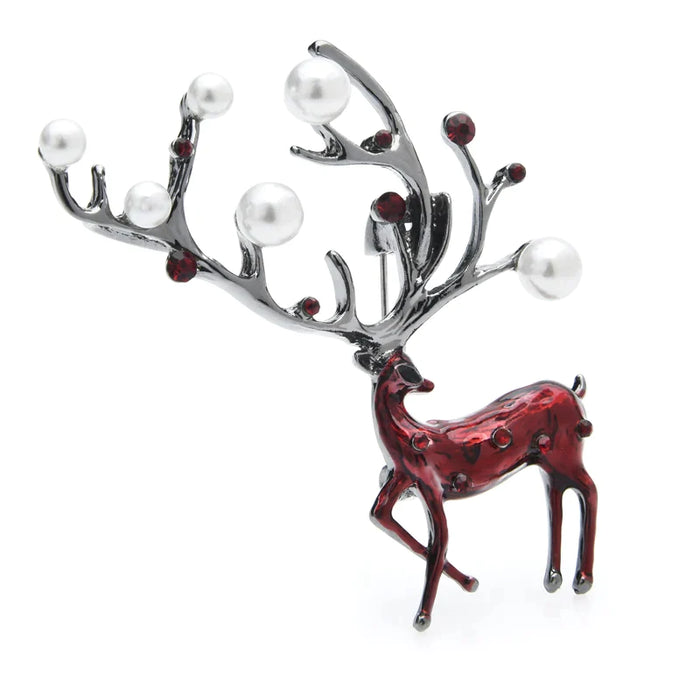 Red Brown Enamel Deer Brooch Alloy Pearl Elk Animal Pin