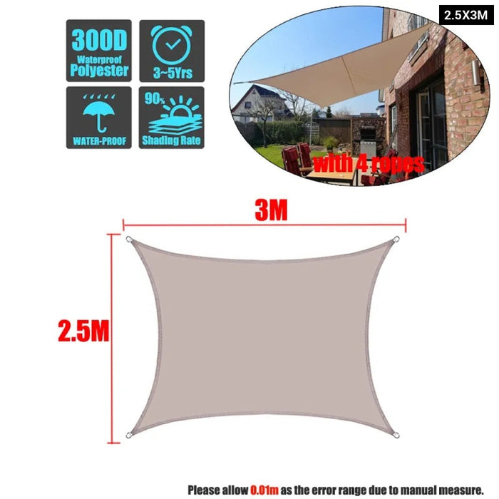 Khaki 300D Waterproof Polyester Square Rectangle Shade Sail Garden Terrace Canopy Swimming Sun Shade