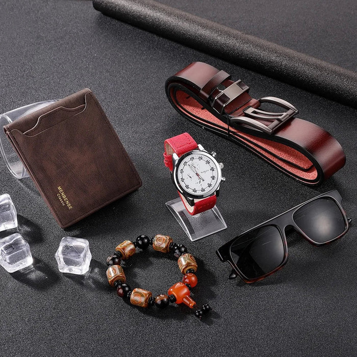 Mens Leather Belt Folding Wallet Sunglasses Bracelet Quartz Wrist Watch Set