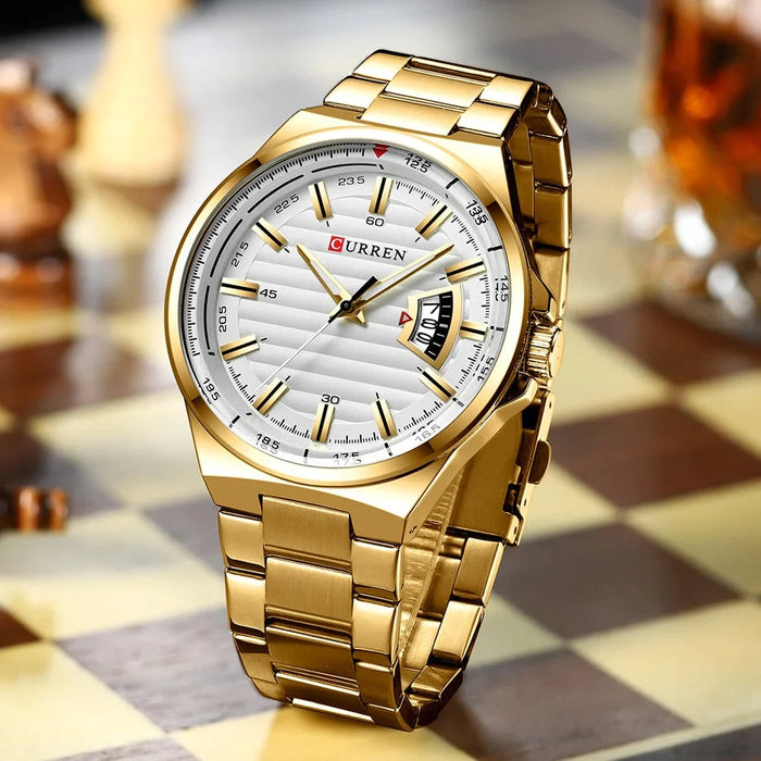 Man Brand Watch Gold White Watches Stainless Steel Quartz Wristwatch Auto Date Clock Male Relogio