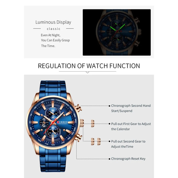 Man Watches Sporty Chronograph Wristwatches For Men Quartz Stainless Steel Band Clock Luminous Hands