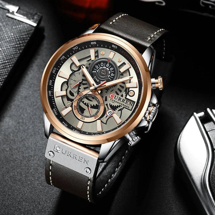 Branded Casual Sport Chronograph Watches For Men Leather Quartz Luminous Wristwatch Creative Design Clock