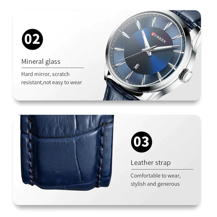 Men Leather Watch Man Brand Quartz Watches Casual Wristwatch Male Clock Blue