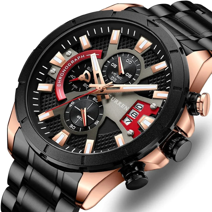 Fashion Wristwatches Mens Quartz Stainless Steel Band Casual Sport Chronograph Watches Black Luminous Clcok Male