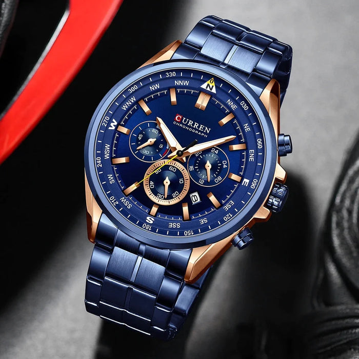 Fashion Stainless Steel Chronograph Quartz Wristwatches With Luminous Hands