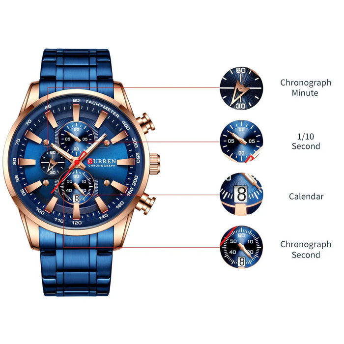 Fashion Sports Watch Men Stainless Steel Chronograph Wristwatch Male Clock Auto Date Casual Business Watch