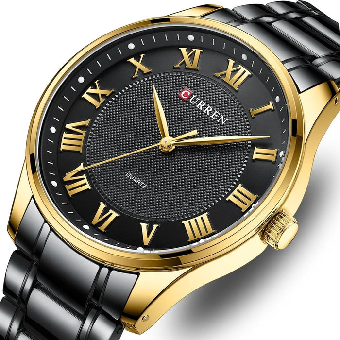 Stainless Steel Band Casual Quartz Wristwatches For Men Clock Gold Black