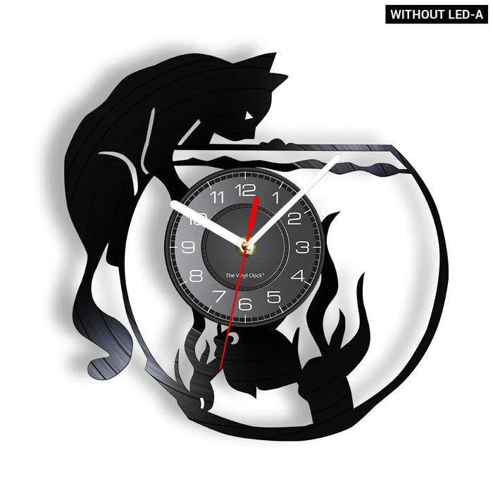 Real Vinyl Record Cat Fishbowl Wall Clock