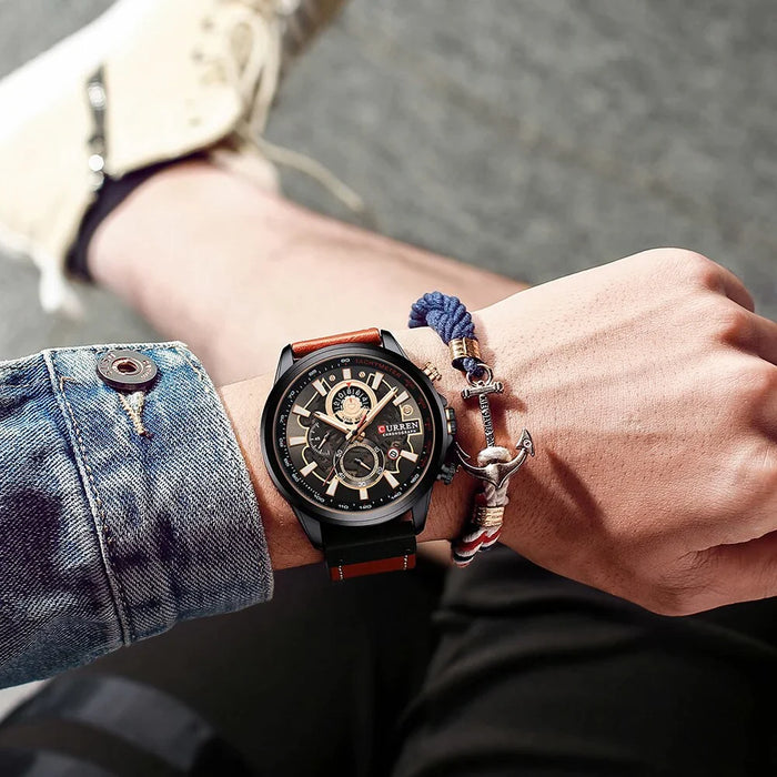 Branded Casual Sport Chronograph Watches For Men Leather Quartz Luminous Wristwatch Creative Design Clock