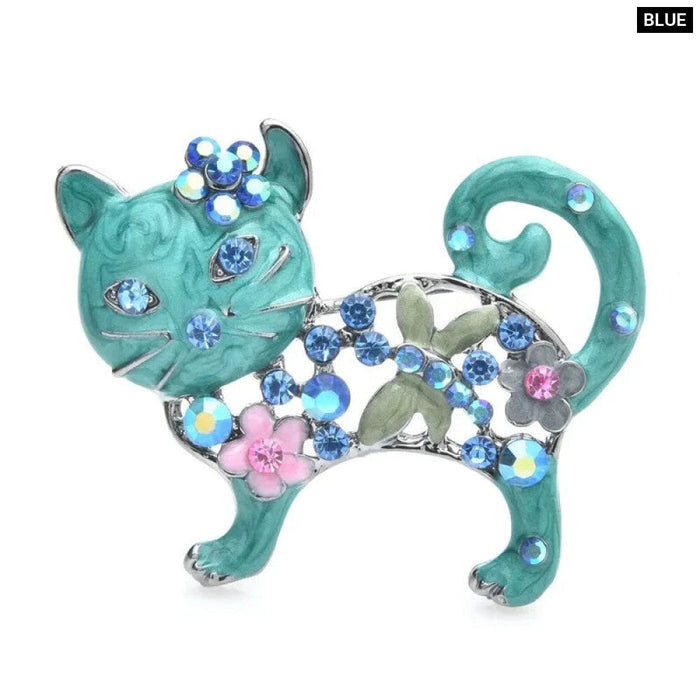 Enamel Cat Brooch Rhinestone Flower Animal Pin