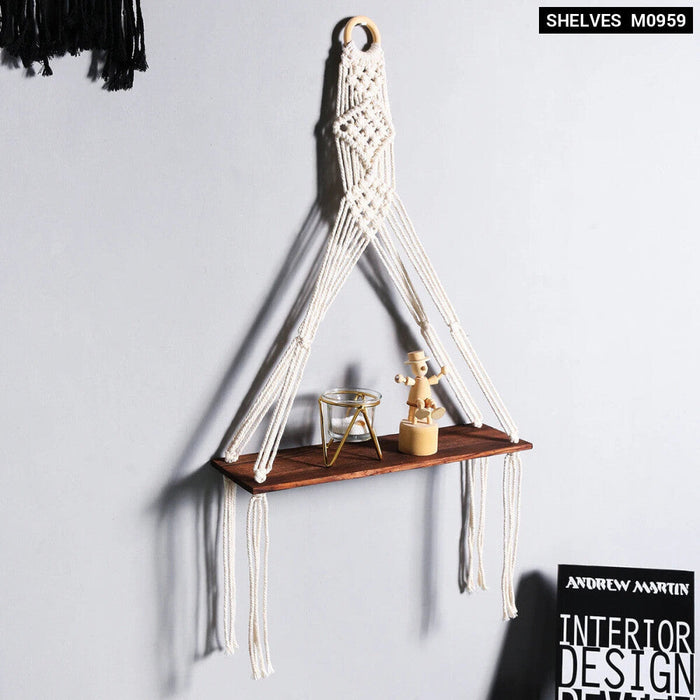 Boho Hanging Wall Shelf With Macrame Holder