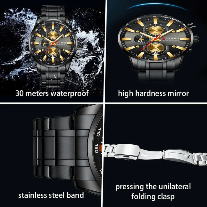 Man Watches Sporty Chronograph Wristwatches For Men Quartz Stainless Steel Band Clock Luminous Hands