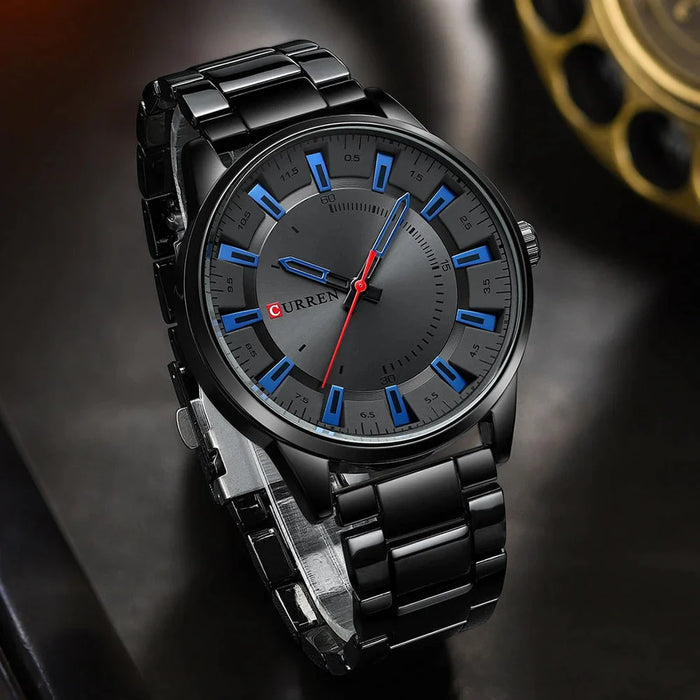 Stainless Steel Bands Casual Business Black Quartz Wristwatch For Men