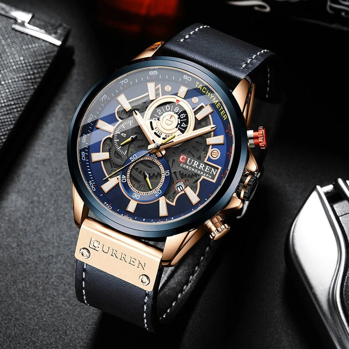 Branded Casual Sport Chronograph Watches For Men Leather Quartz Luminous Wristwatch Creative Design Clock