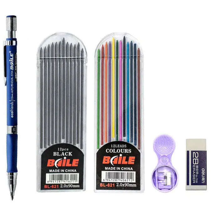 2.0Mm Mechanical Pencil Set With Colour Black Lead Refills For Drafting Writing Crafting Art Sketch