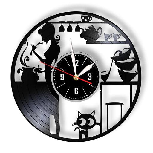 Cat Vinyl Record Wall Clock Modern Kitchen Decor