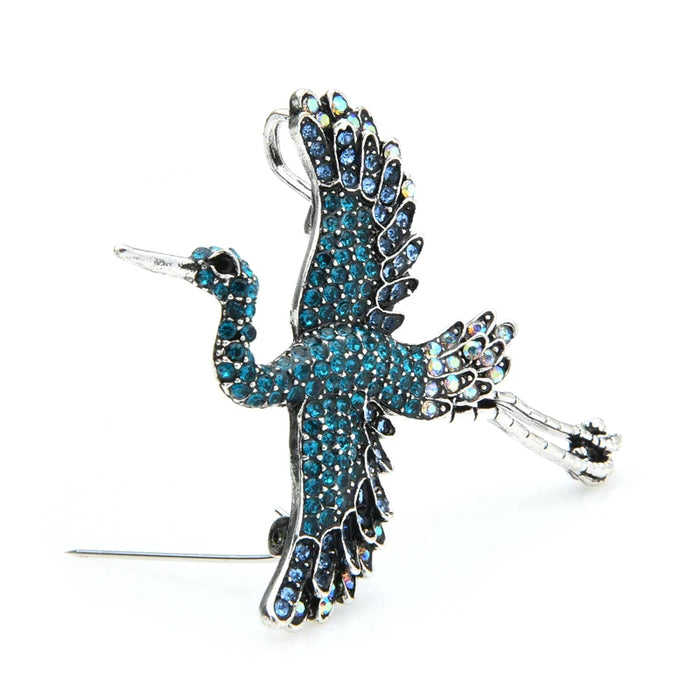 Blue Pink Rhinestone Crane Bird Brooch Alloy Animal Pin