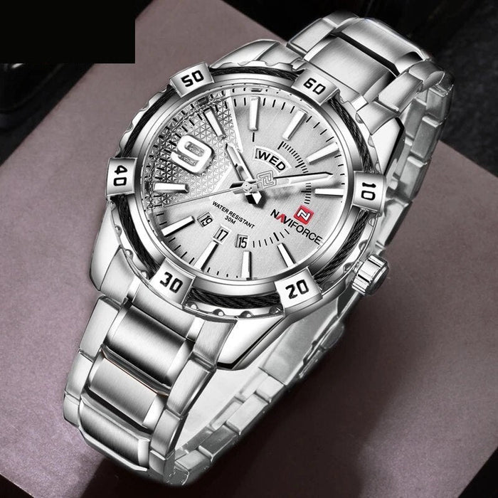 Men's Stainless Steel Band Analog Week Calendar Display Quartz 3ATM Water Resistant Wristwatch