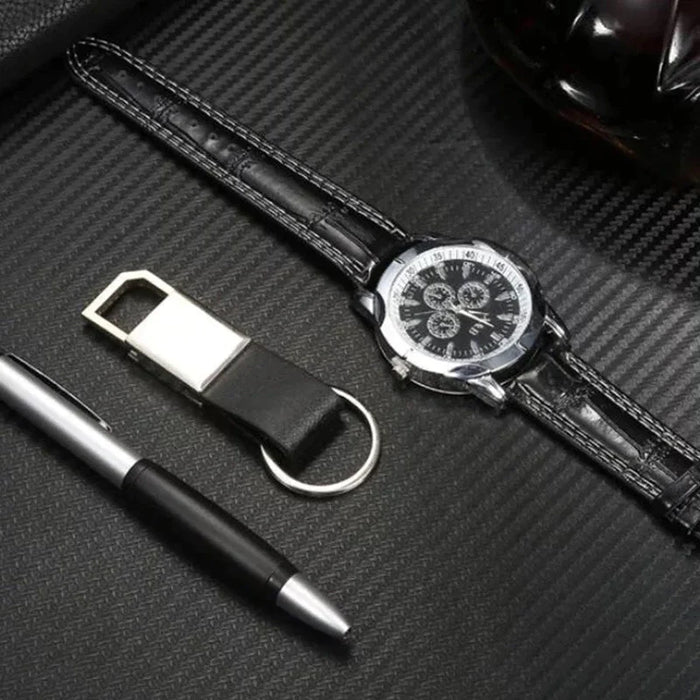 Mens Wrist Watch Folding Wallet Tie Keychain Signing Pen Set