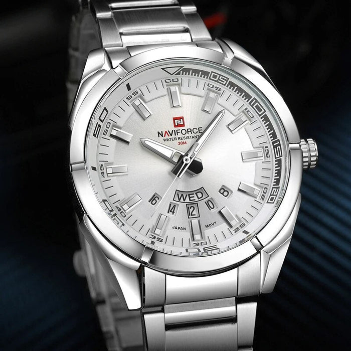 Men's Stainless Steel Band Analog Week Calendar Display Quartz 3ATM 30M Water Resistant Wristwatch